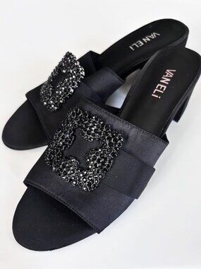 VANELi Black Satin Open Toe Slides w/ Rhinestone Buckle Women's 7 Narrow